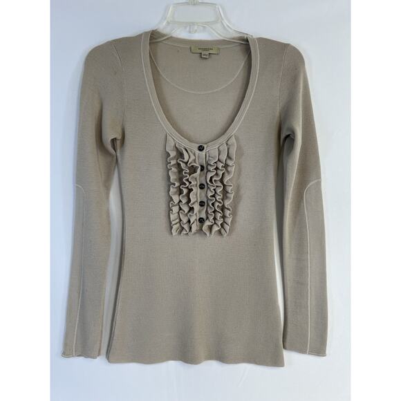 Burberry London Sweater Womens Small Taupe Merino Wool Ruffle Button Long Sleeve - Picture 1 of 14